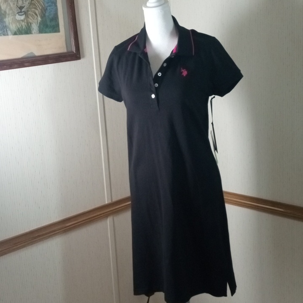 U.S. Polo Assn. Black Mini Polo Dress with Pink Trim, Sporty, Classic,Comfort, - Picture 4 of 7